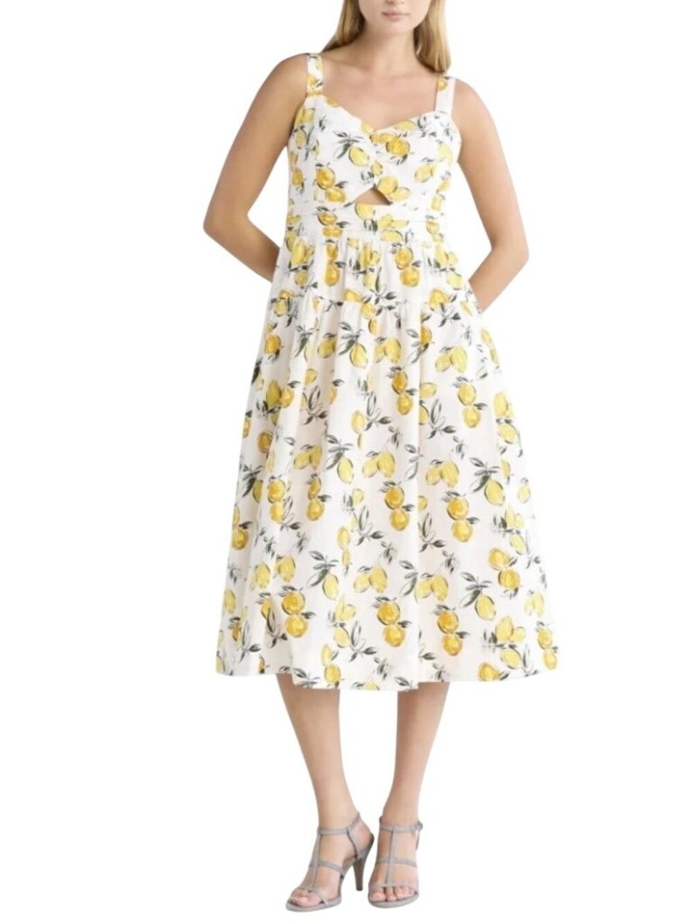 Free Assembly New Dress Size 2XL Lemon Midi Sleeveless Cotton White Yellow